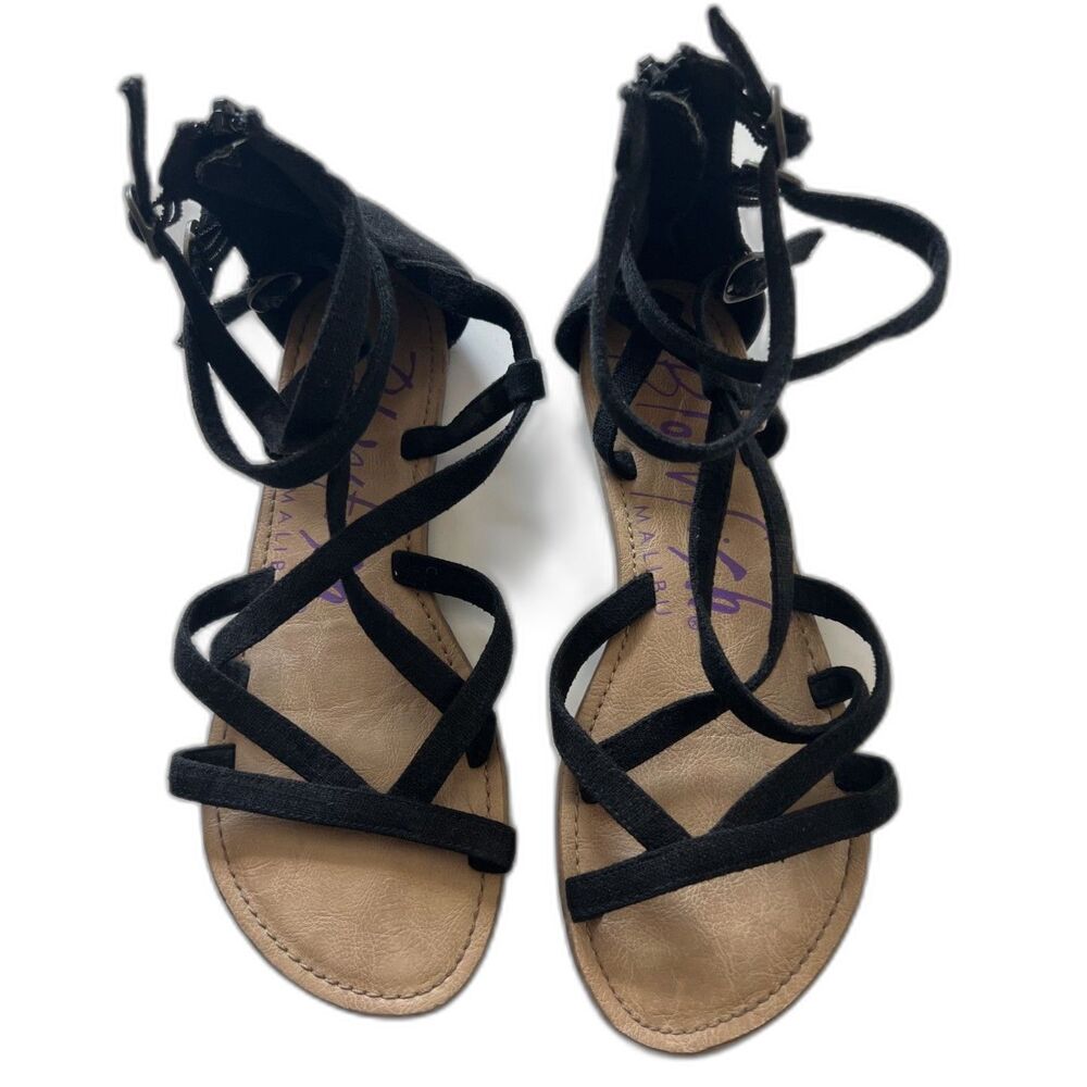 sz7 Vintage Y2K Womens Black Strappy Sandals Flats Shoes Blowfish Malibu - Picture 3 of 7